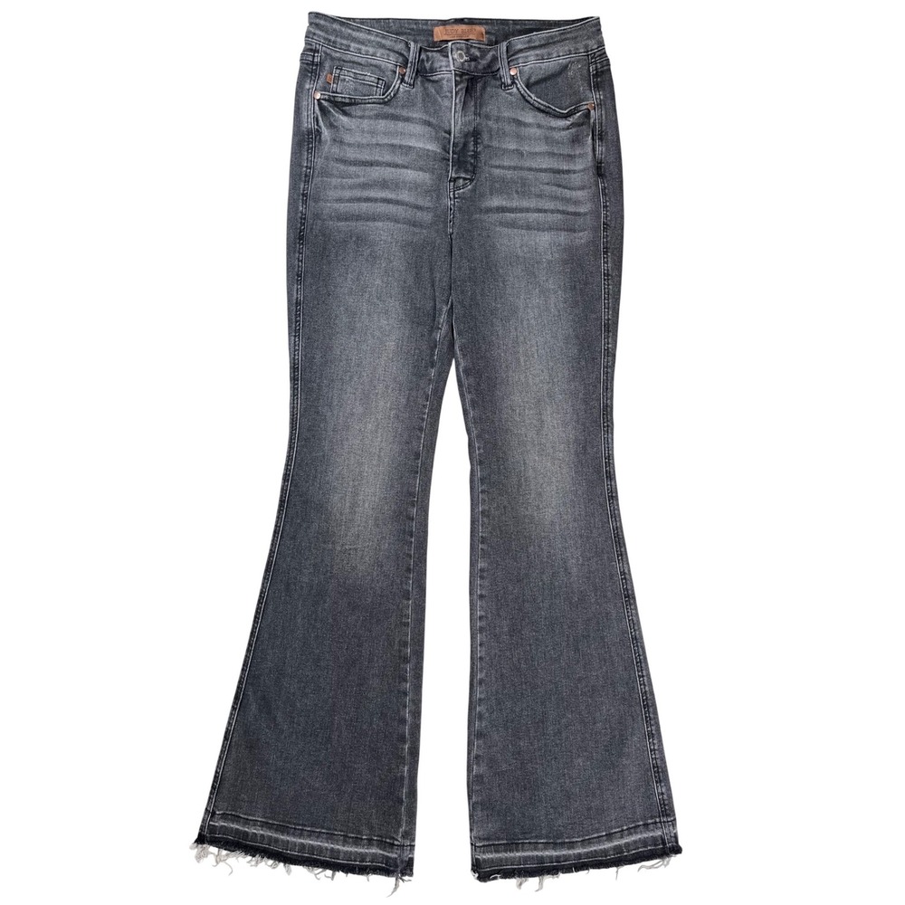 Judy Blue Flare Fit Jeans Women 9/29 Grey High Rise Raw Hem Boho Festival Hippie